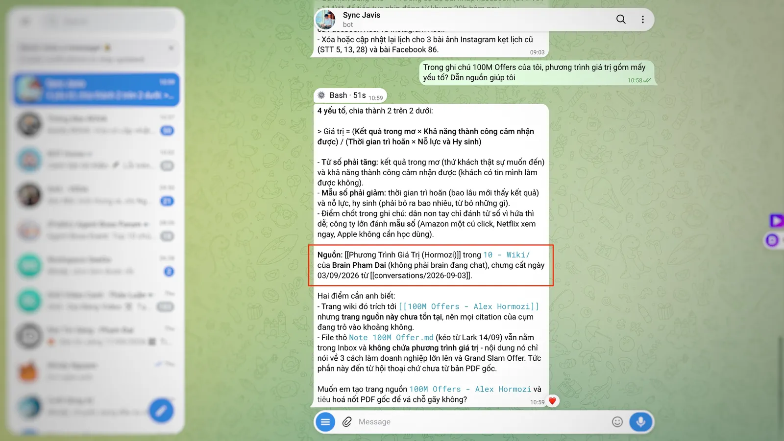 Javis trả lời trên Telegram kèm nguồn
